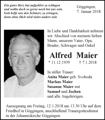Traueranzeige von Alfred Maier von Gmünder Tagespost