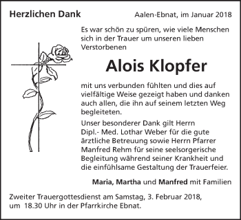 Traueranzeige von Alois Klopfer von Schwäbische Post