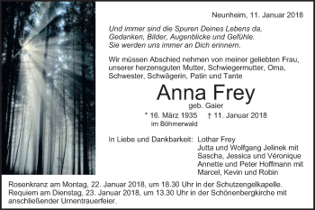 Traueranzeige von Anna Frey von Schwäbische Post