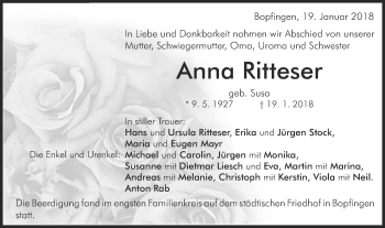 Traueranzeige von Anna Ritteser von Schwäbische Post