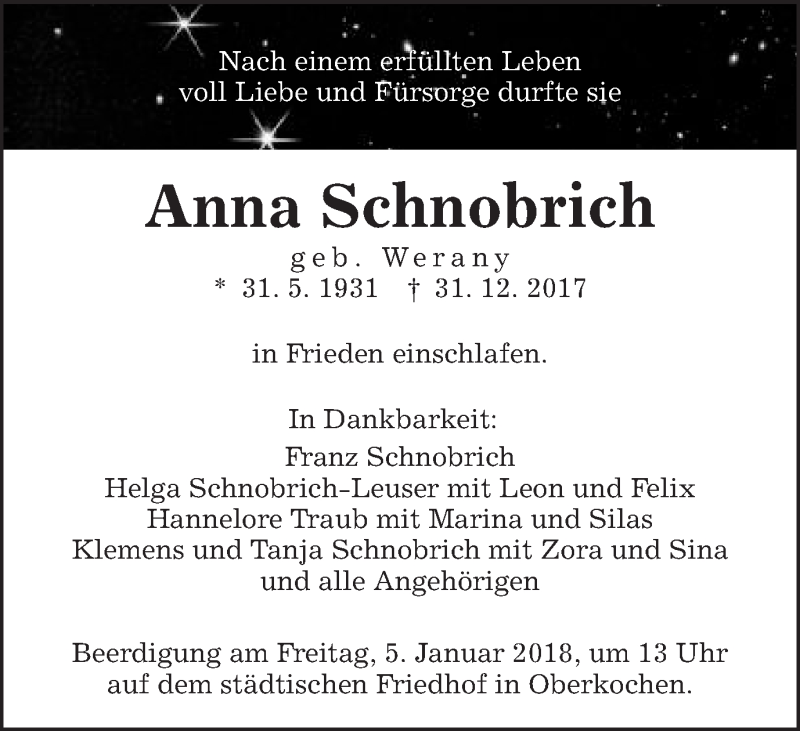  Traueranzeige für Anna Schnobrich vom 03.01.2018 aus Schwäbische Post