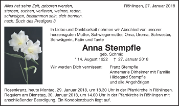 Traueranzeige von Anna Stempfle von Schwäbische Post