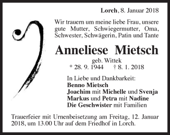 Traueranzeige von Anneliese Mietsch von Gmünder Tagespost