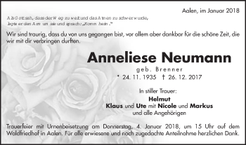 Traueranzeige von Anneliese Neumann von Schwäbische Post