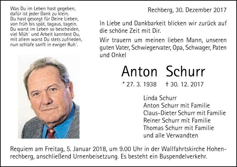  Traueranzeige für Anton Schurr vom 02.01.2018 aus Gmünder Tagespost