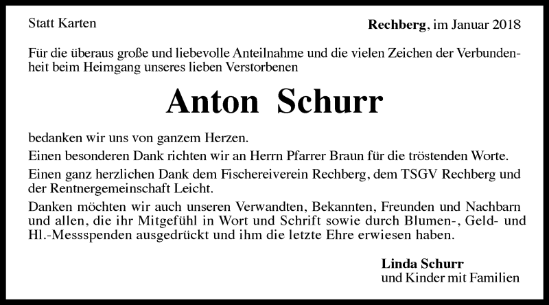  Traueranzeige für Anton Schurr vom 16.01.2018 aus Gmünder Tagespost
