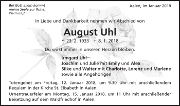 Traueranzeige von August Uhl von Schwäbische Post
