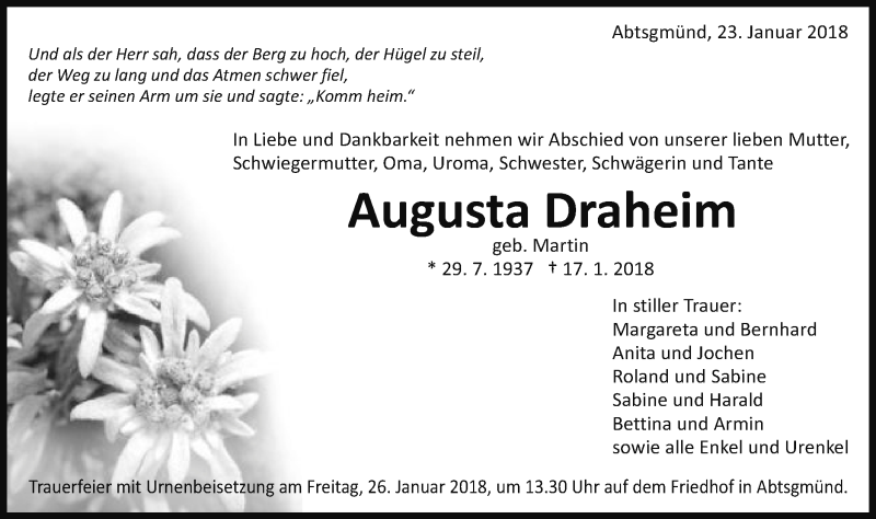  Traueranzeige für Augusta Draheim vom 23.01.2018 aus Schwäbische Post