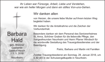 Traueranzeige von Barbara Hald von Schwäbische Post