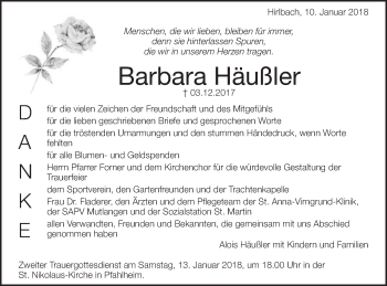 Traueranzeige von Barbara Häußler von Schwäbische Post