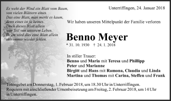 Traueranzeige von Benno Meyer von Schwäbische Post