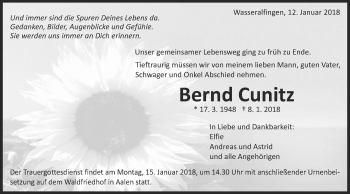 Traueranzeige von Bernd Cunitz von Schwäbische Post