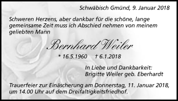 Traueranzeige von Bernhard Weiler von Gmünder Tagespost