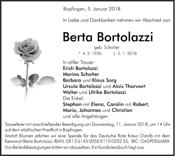 Traueranzeige von Berta Bortolazzi von Schwäbische Post