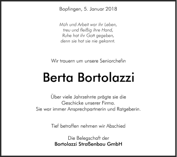 Traueranzeige von Berta Bortolazzi von Schwäbische Post