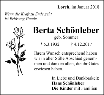 Traueranzeige von Berta Schönleber von Gmünder Tagespost