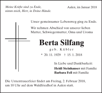 Traueranzeige von Berta Silfang von Schwäbische Post