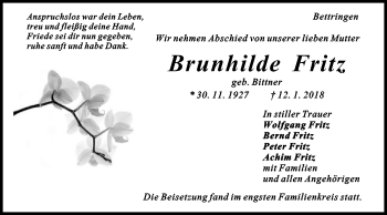 Traueranzeige von Brunhilde Fritz von Gmünder Tagespost