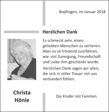 Traueranzeige von Christa Hönle von Schwäbische Post