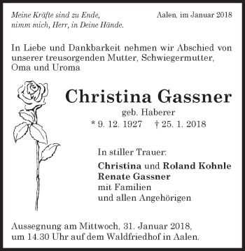 Traueranzeige von Christina Gassner von Schwäbische Post