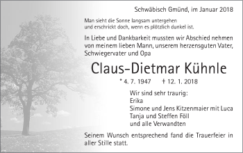 Traueranzeige von Claus-Dietmar Kühnle von Gmünder Tagespost