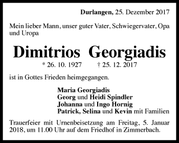 Traueranzeige von Dimitrios Georgiadis von Gmünder Tagespost