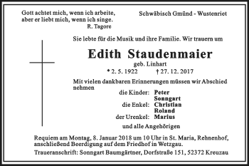 Traueranzeige von Edith Staudenmaier von Gmünder Tagespost