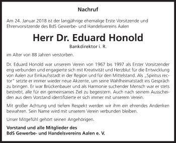 Traueranzeige von Eduard Honold von Schwäbische Post