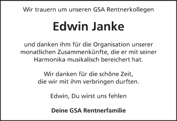 Traueranzeige von Edwin Janke von Schwäbische Post