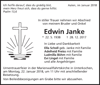 Traueranzeige von Edwin Janke von Schwäbische Post