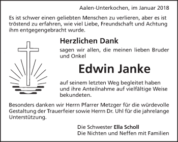 Traueranzeige von Edwin Janke von Schwäbische Post