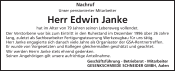 Traueranzeige von Edwin Janke von Schwäbische Post