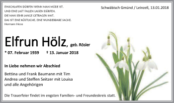 Traueranzeige von Elfrun Hölz von Gmünder Tagespost