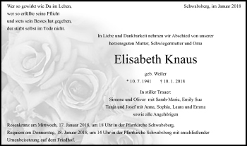 Traueranzeige von Elisabeth Knaus von Schwäbische Post