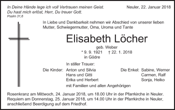 Traueranzeige von Elisabeth Löcher von Schwäbische Post