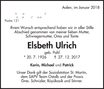Traueranzeige von Elsbeth Ulrich von Schwäbische Post