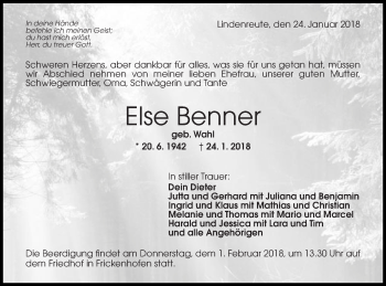 Traueranzeige von Else Benner von Gmünder Tagespost