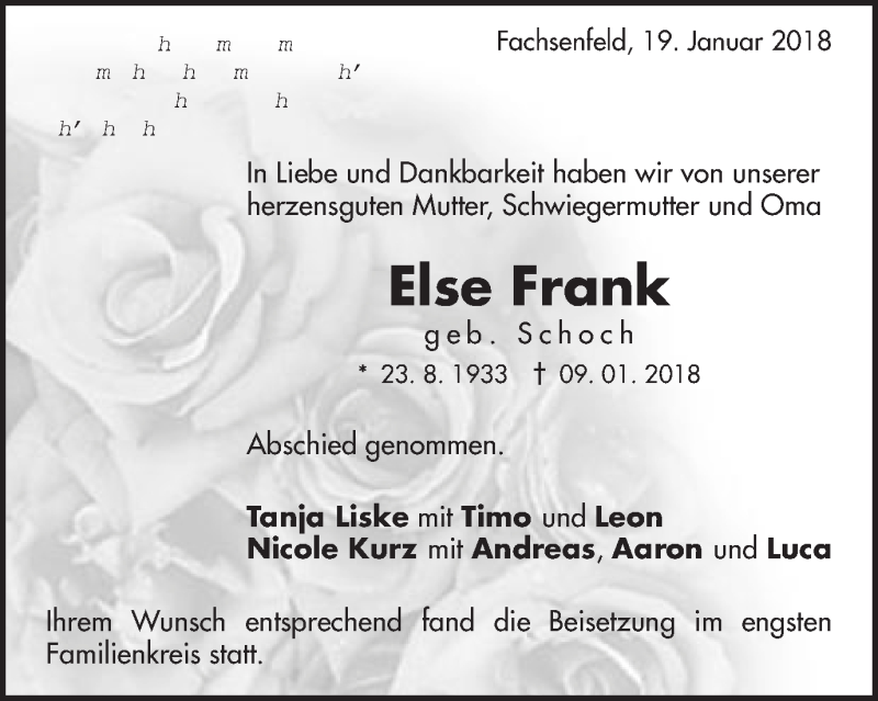  Traueranzeige für Else Frank vom 19.01.2018 aus Schwäbische Post