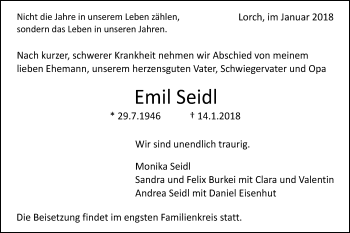 Traueranzeige von Emil Seidl von Gmünder Tagespost