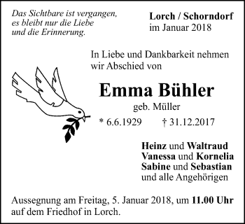 Traueranzeige von Emma Bühler von Gmünder Tagespost