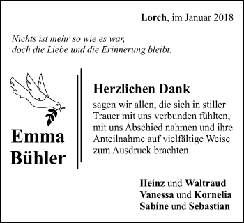 Traueranzeige von Emma Bühler von Gmünder Tagespost