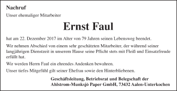 Traueranzeige von Ernst Faul von Schwäbische Post