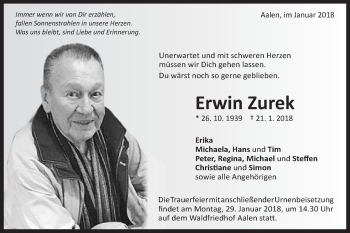 Traueranzeige von Erwin Zurek von Schwäbische Post