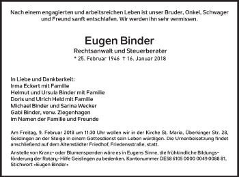 Traueranzeige von Eugen Binder von Gmünder Tagespost