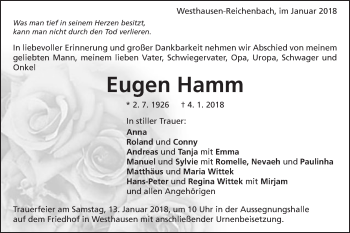 Traueranzeige von Eugen Hamm von Schwäbische Post