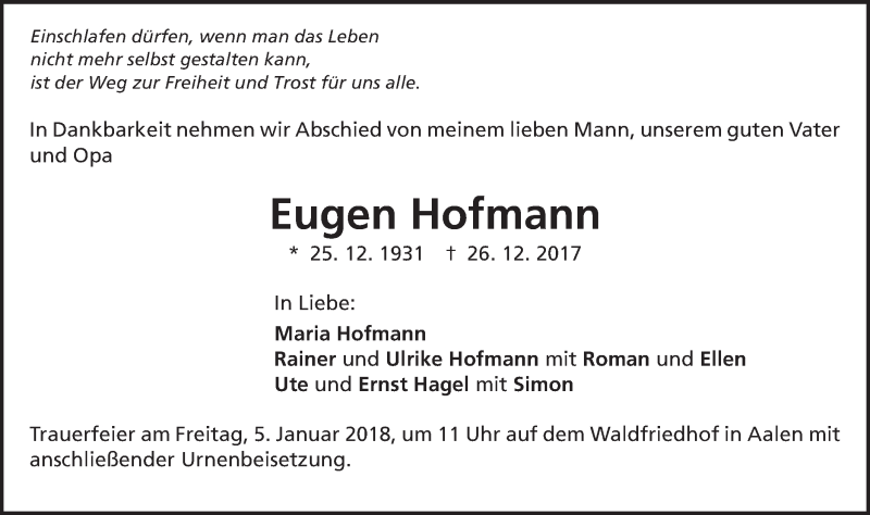  Traueranzeige für Eugen Hofmann vom 04.01.2018 aus Schwäbische Post