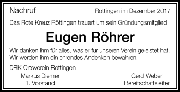 Traueranzeige von Eugen Röhrer von Schwäbische Post