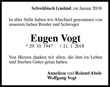 Traueranzeige von Eugen Vogt von Gmünder Tagespost