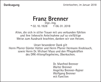 Traueranzeige von Franz Brenner von Schwäbische Post