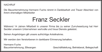Traueranzeige von Franz Seckler von Schwäbische Post